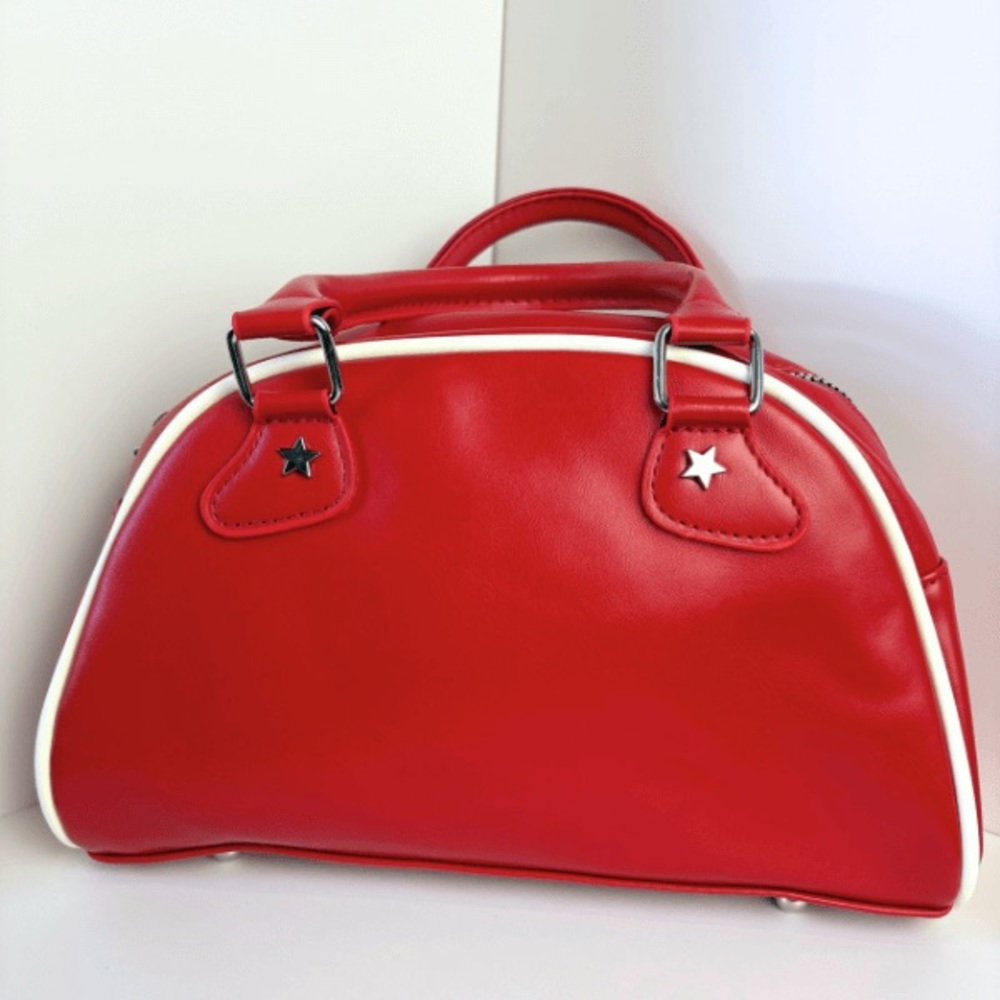 Red and White Striped Dome Satchel Bag w. '96' Patch - Picture 10 of 11